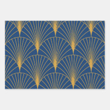Art Deco Gouden Geometrische Fans op Navy Blue