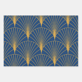 Art Deco Gouden Geometrische Fans op Navy Blue Inpakpapier Vel