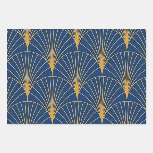 Art Deco Gouden Geometrische Fans op Navy Blue Inpakpapier Vel (Voorkant)