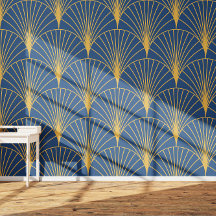 Art Deco Gouden Geometrische Waaiers op Marineblau