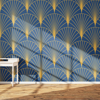 Art Deco Gouden Geometrische Waaiers op Marineblau Behang