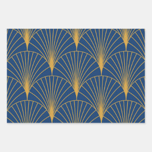 Art Deco Gouden Geometrische Waaiers op Marineblau Inpakpapier Vel