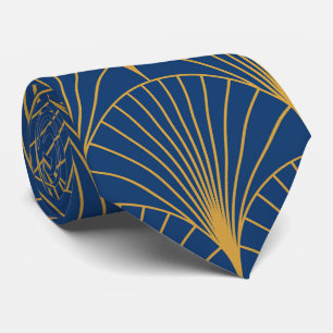 Art Deco Gouden Geometrische Waaiers op Marineblau Stropdas
