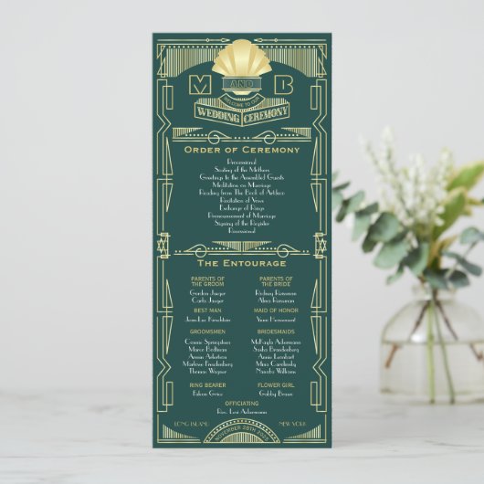 Art Deco Gouden Groene Orde van Ceremonie Entourag Programmakaart (Staand voorkant)