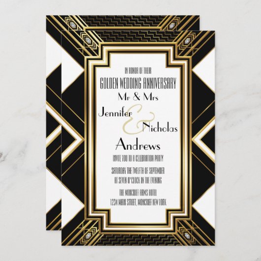 Art Deco Gouden Huwelijksjubileum Uitnodiging (Voorkant / Achterkant)