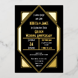Art Deco Gouden Huwelijksjubileum Zwart Goud Folie Uitnodiging