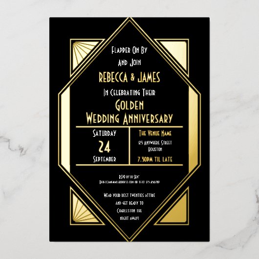 Art Deco Gouden Huwelijksjubileum Zwart Goud Folie Uitnodiging (Voorkant)