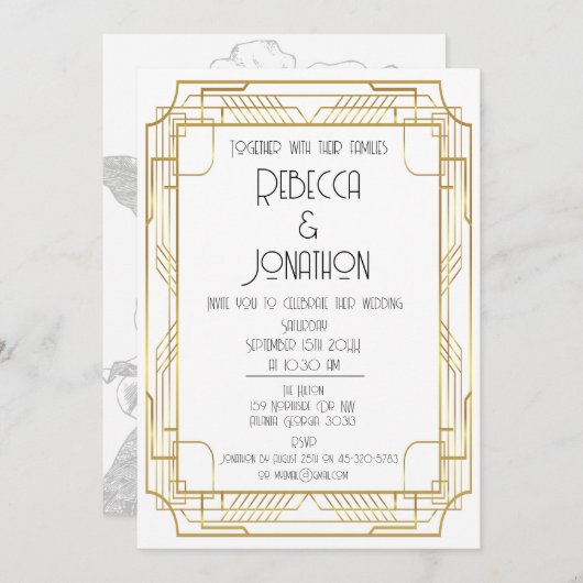 Art Deco Gouden Huwelijksuitnodiging Kaart (Voorkant / Achterkant)