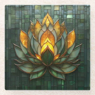 Art Deco Gouden Lotus Groen Tegelwerk Print Glazen Onderzetter