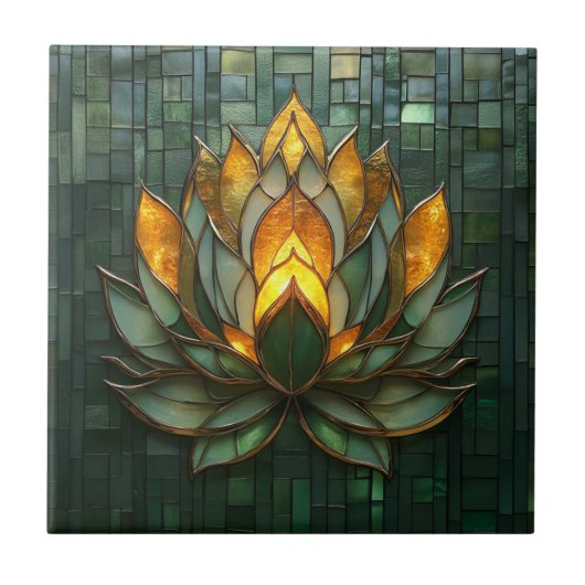 Art Deco Gouden Lotus Groen Tegelwerk Print Tegeltje (Voorkant)