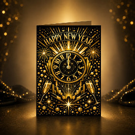 Art Deco Gouden Middernacht Klok Viering Feestdagen Kaart
