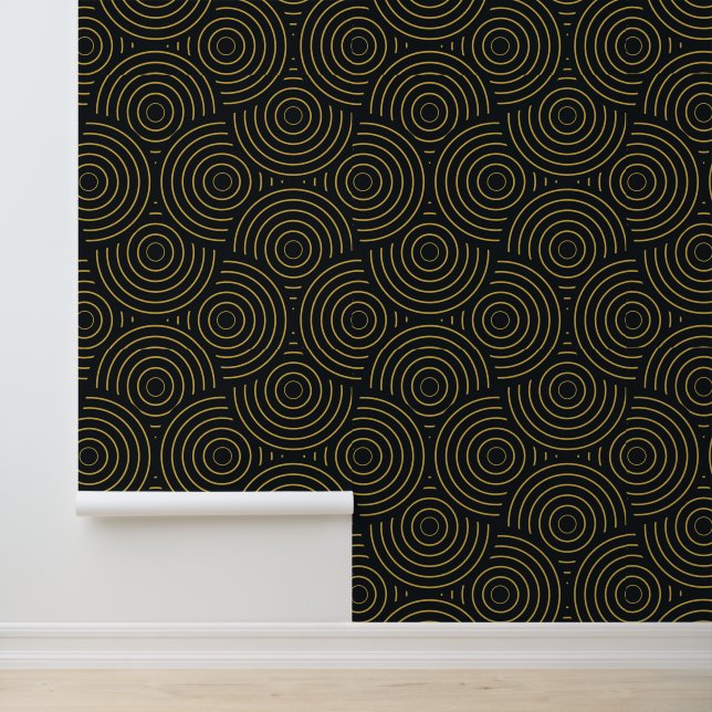 Art Deco Gouden Overlappende Cirkels op Zwart Behang (Applicatie)