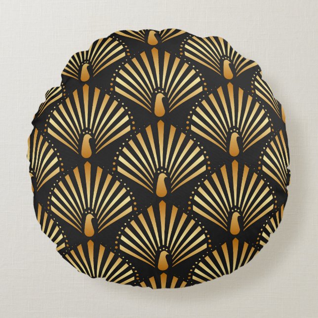 Art deco gouden pauwenpatroon rond kussen (Voorkant)