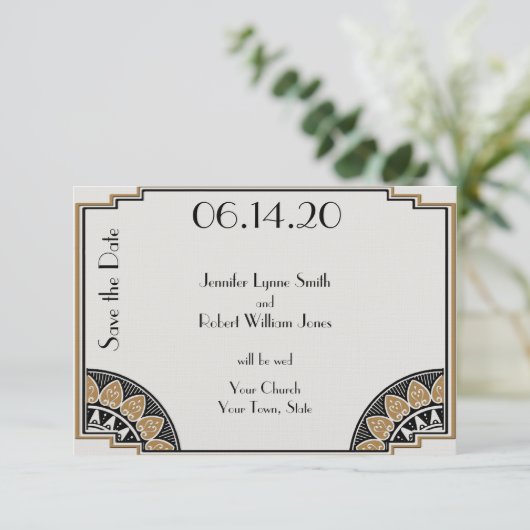 Art Deco Gouden Posh Bruiloft Opslaan van de Datum Save The Date (Staand voorkant)