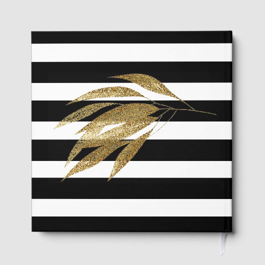 Art Deco Gouden Rozen Bladeren Zwarte Strepen Huwe Gastenboek (Achterkant)