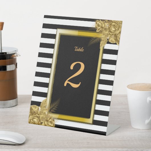 Art Deco, Gouden Rozen Strepen Trouwtafel Nummer Reclamebord Met Voetstuk (Insitu)