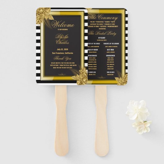 Art Deco Gouden Rozen, Stripes Trouwprogramma Fans Handwaaier (Voorkant en achterkant)