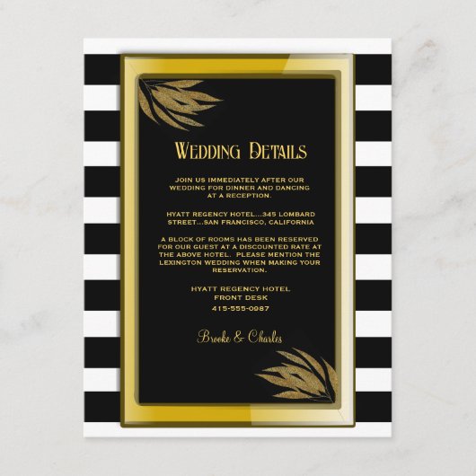 Art Deco Gouden Rozen Zwarte Strepen Trouwen Informatiekaartje (Voorkant)
