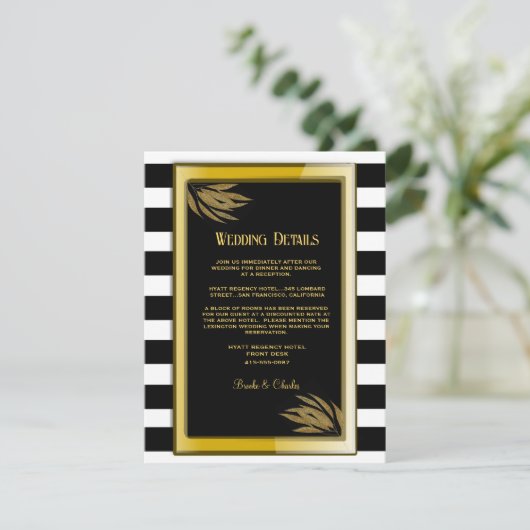 Art Deco Gouden Rozen Zwarte Strepen Trouwen Informatiekaartje (Staand voorkant)