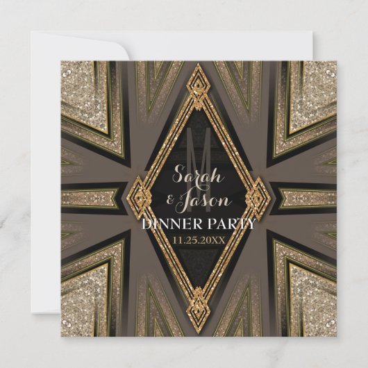Art Deco Gouden Uitnodigingen voor Romantisch Dine (Voorkant)