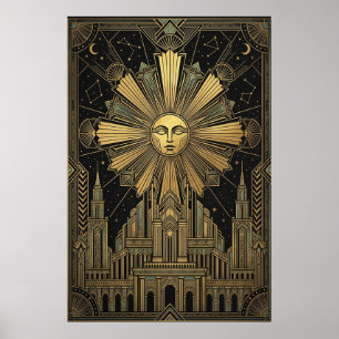 Art Deco Gouden Zon Gezicht Paleis Poster   Hemels