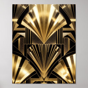 Art Deco Gouden Zonneburst Zwarte Gouden Geometris Poster