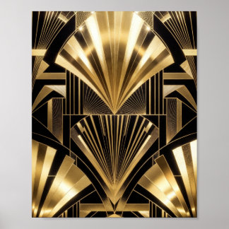 Art Deco Gouden Zonneburst Zwarte Gouden Geometris Poster