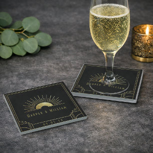 Art Deco gouden zonnestraal bruiloft Glazen Onderzetter