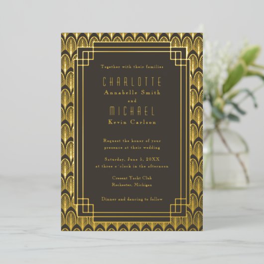 Art Deco  goudFolie Uitnodiging (Staand Voorkant)