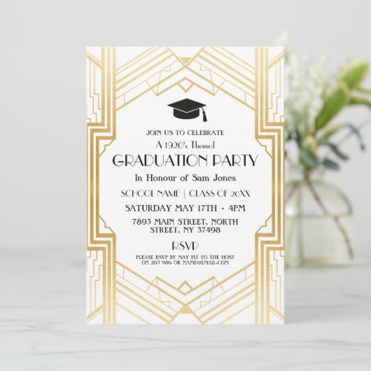 Art Deco Graduation Party Invite Gatsby Gold uit d Kaart (Staand voorkant)