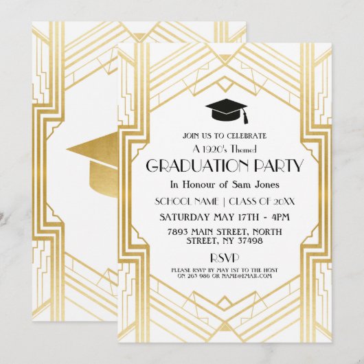 Art Deco Graduation Party Invite Gatsby Gold uit d Kaart (Voorkant / Achterkant)