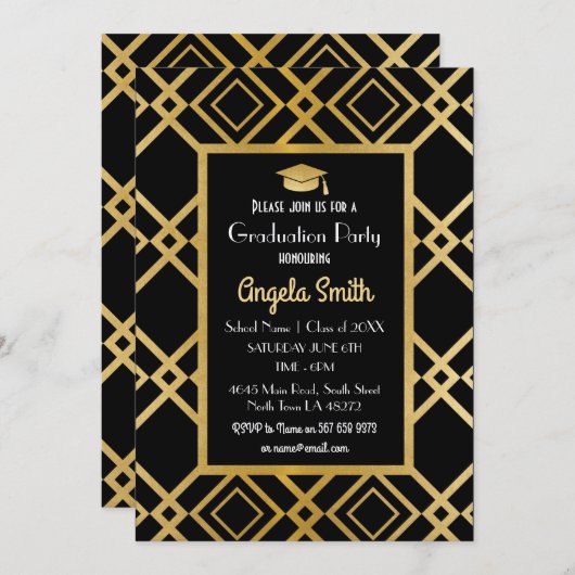 Art Deco Graduation Party Invite Gold Black 1920 Kaart (Voorkant / Achterkant)