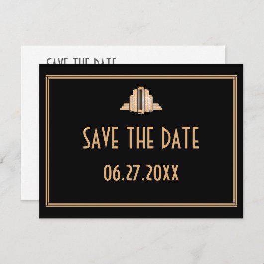 Art Deco Great Gatsby Black Gold Save the Date Aankondigingskaart (Voorkant / Achterkant)