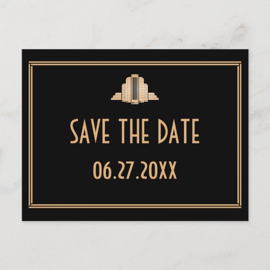 Art Deco Great Gatsby Black Gold Save the Date Aankondigingskaart (Voorkant)