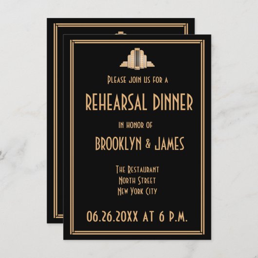 Art Deco Great Gatsby bruiloftsrepetitie uitnodigi Kaart (Voorkant / Achterkant)