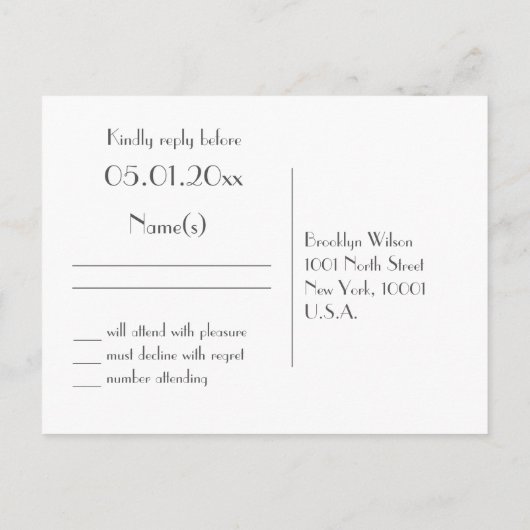 Art Deco Great Gatsby Gold Wedding RSVP-Briefkaart Uitnodiging Briefkaart (Achterkant)