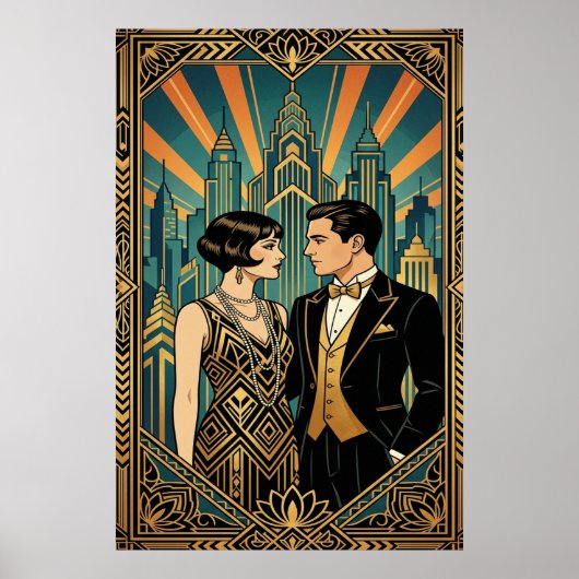 Art Deco Great Gatsby Koppel Stads Silhouet Poster (Voorkant)