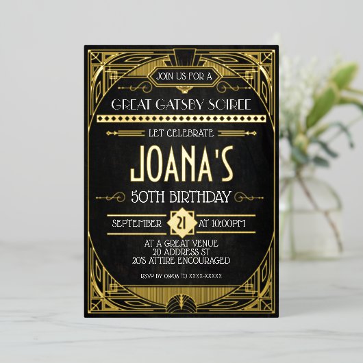 Art Deco Great Gatsby Party Folie Uitnodiging (Staand Voorkant)