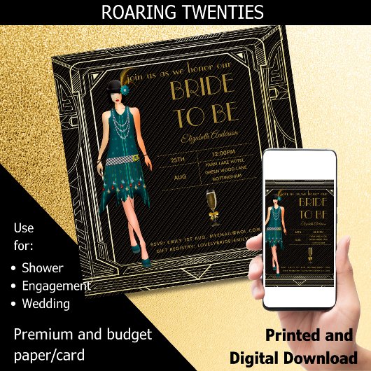 Art Deco Great Gatsby Roaring 20s Vrijgezellenfees Kaart