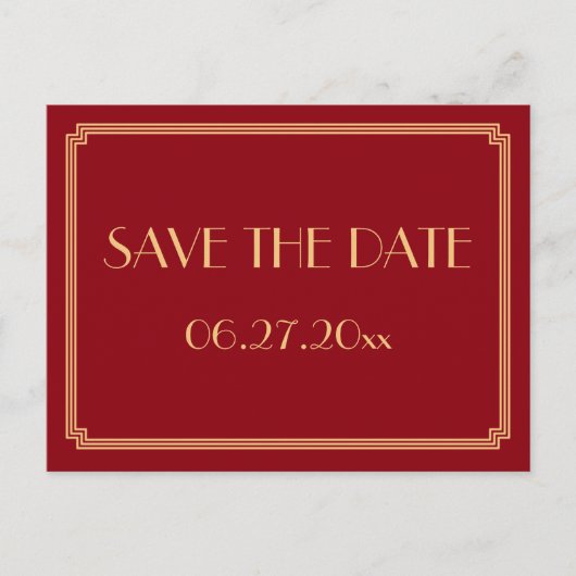 Art Deco Great Gatsby Rode Save The Date-ansichtka Aankondigingskaart (Voorkant)