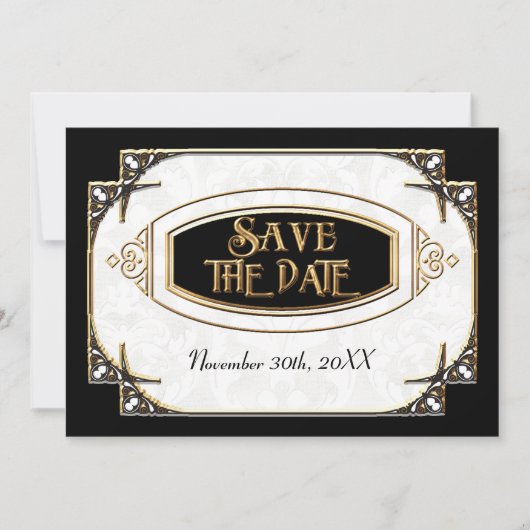Art Deco Great Gatsby Style Typografie in Lace Gol Save The Date (Voorkant)