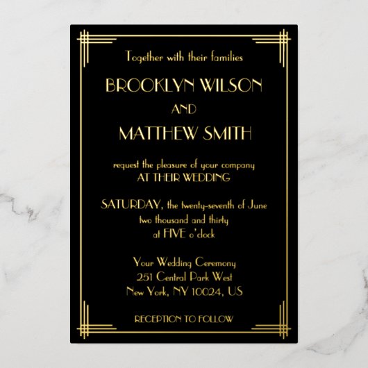 Art Deco Great Gatsby Wedding Gold Folie Uitnodiging (Voorkant)