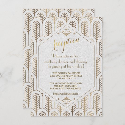 Art Deco Great Gatsby White Gold Reception Kaart (Voorkant / Achterkant)