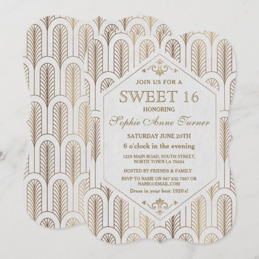 Art Deco Great Gatsby White Gold SWEET 16 Kaart (Voorkant / Achterkant)