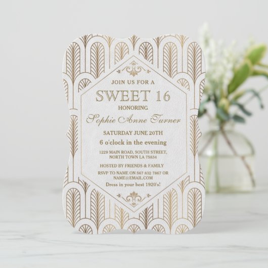 Art Deco Great Gatsby White Gold SWEET 16 Kaart (Staand voorkant)