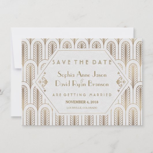 Art Deco Great Gatsby Witte Gouden Save The Date (Voorkant)