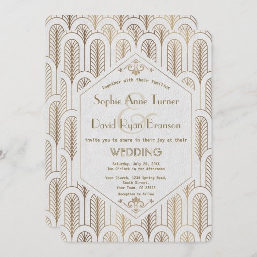 Art Deco Great Gatsby Witte Gouden Trouw Kaart (Voorkant / Achterkant)