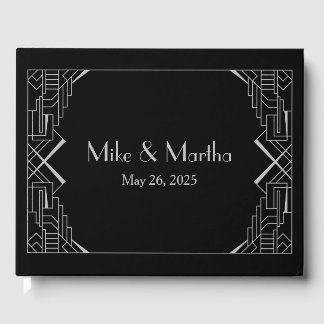 Art Deco Great Gatsby Zilver op Zwarte Bruiloft Gastenboek
