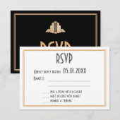 Art Deco Great Gatsby Zwart Huwelijk RSVP Kaartje (Voorkant / Achterkant)