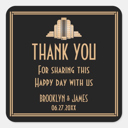 Art Deco Great Gatsby Zwarte Trouwstickers Vierkante Sticker (Voorkant)